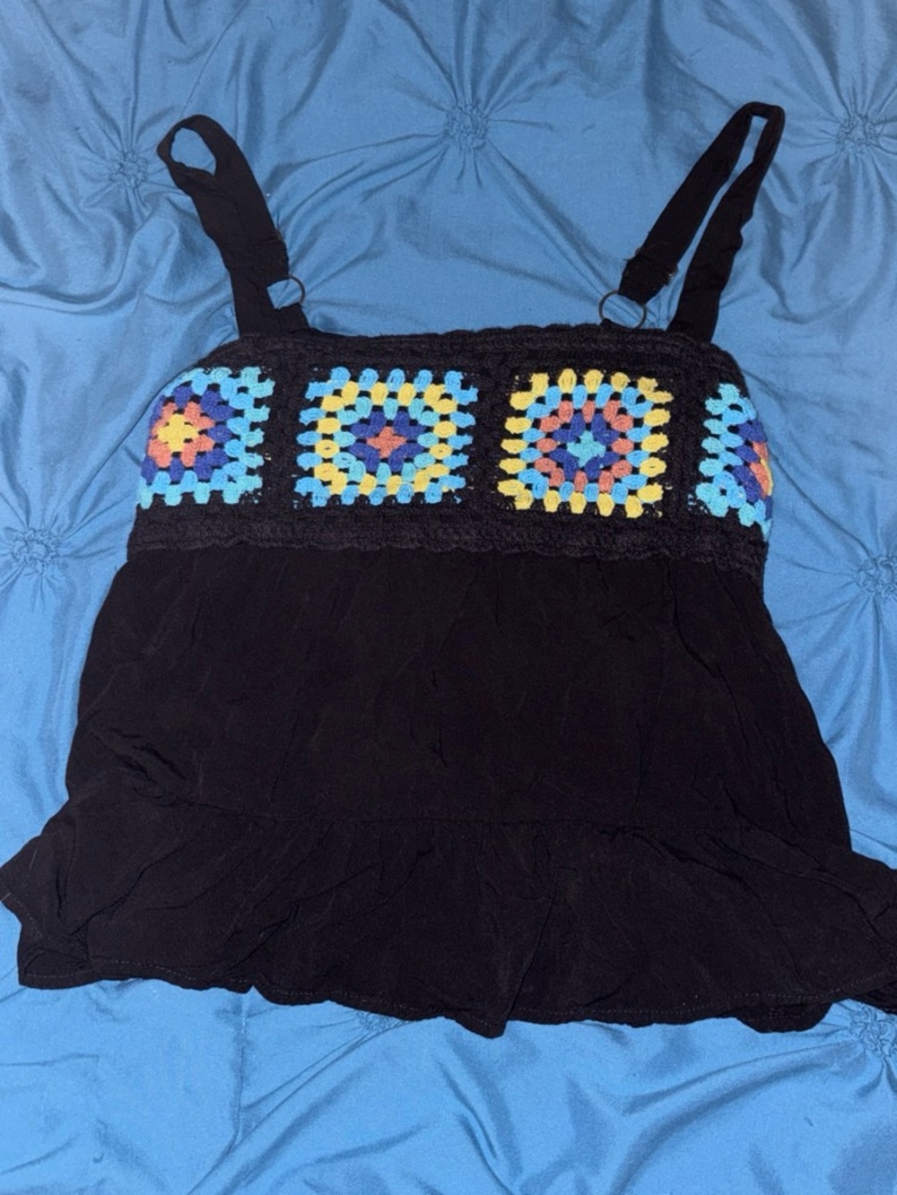 SO Black Tank Top with Colorful Crochet Squares
